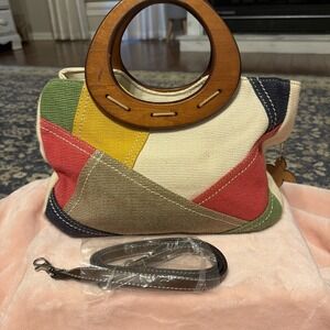 Relic By Fossil Canvas Multicolor Patchwork Satchel Handbag Wood Handles Purse